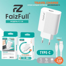 СЗУ-USB Type-C FAIZFULL FC138 1м, 2,4A, White