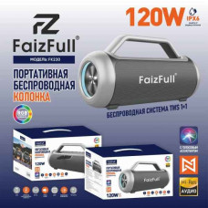 Портативная колонка FaizFull FK230 120W Black. ВТ V5.0, поддержка SIRI, TWS, эквалайзер, IPX6, TF, AUX. Емкость аккумулятора 12000mAh. Размеры динамика 52х78мм х2, мощность динамиков 2х60W. Размер изделия 300х162х120мм.