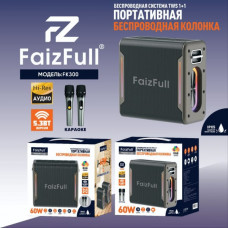 Портативная колонка FaizFull FK300 60W Black (встроенный микрофон) ВТ V5.3, поддержка SIRI, TWS, эквалайзер, IPX6, TF, AUX, RGB подсветка. Размеры динамика 106х106мм, мощность динамика 1х60W. Емкость акб 4000mAh. Размер изделия 188х85х178мм.