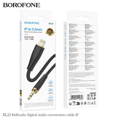 Аудио переходник Lightning(AM)-Jack3,5(AM) Borofone BL23 1м, нейлон+TPE, Black