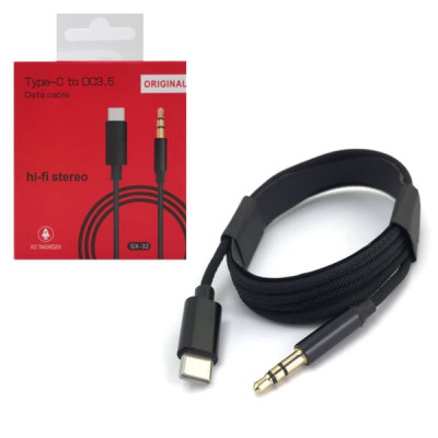 АКЦИЯ! Аудио переходник Type-C(AM)-Jack3,5(AM) SX-32 1м, Black, шнуровой. Продается упаковкой (в упаковке 5шт).