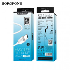 АКЦИЯ! Кабель Type-C BOROFONE BX14 3м, 2.0A, ПВХ, White. Продается упаковкой (в упаковке 20шт).