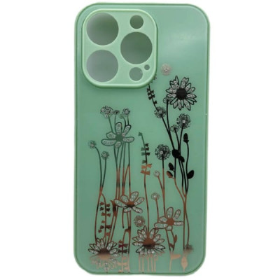 Чехол стеклянный IP 15 Pro Flowers, со стразами, цвет Мятный