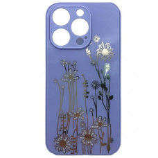 Чехол стеклянный IP 14 Pro Max Flowers, со стразами, цвет Сиреневый