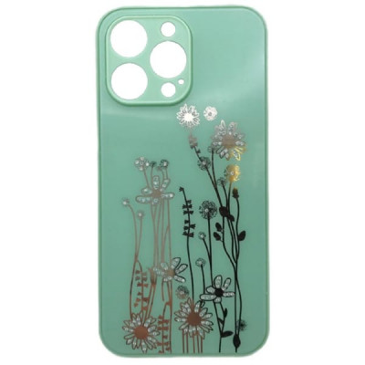 Чехол стеклянный IP 14 Pro Max Flowers, со стразами, цвет Мятный