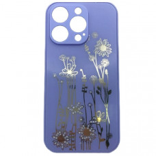 Чехол стеклянный IP 14 Pro Flowers, со стразами, цвет Сиреневый