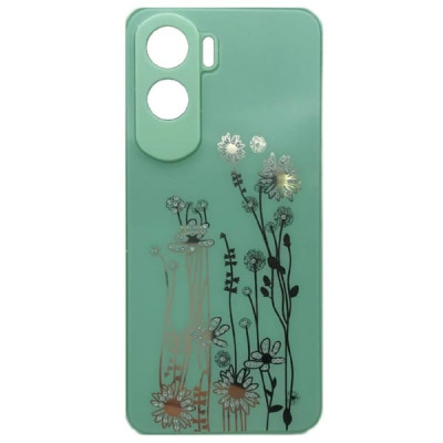 Чехол стеклянный Honor 90 Lite Flowers, со стразами, цвет Мятный