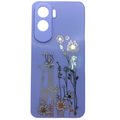 Чехол стеклянный Honor 90 Lite Flowers, со стразами, цвет Сиреневый
