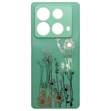 Чехол стеклянный Infinix Note 40 4G Flowers, со стразами, цвет Мятный