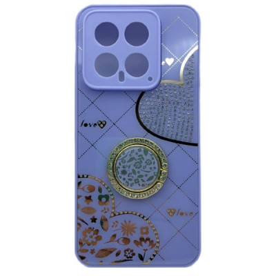 Чехол стеклянный Xiaomi 14 Love, со стразами, цвет Сиреневый (с кольцом)