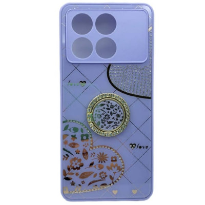 Чехол стеклянный Xiaomi Poco X6 Pro Love, со стразами, цвет Сиреневый (с кольцом)