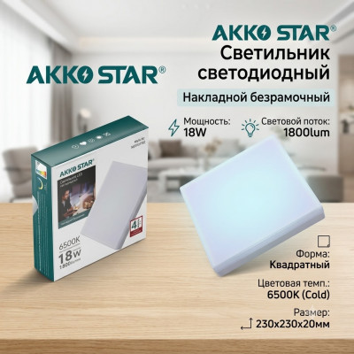 Светильник светодиодный накладной безрамочный 18W/1800lum квадратный (6500K) 230х20мм
