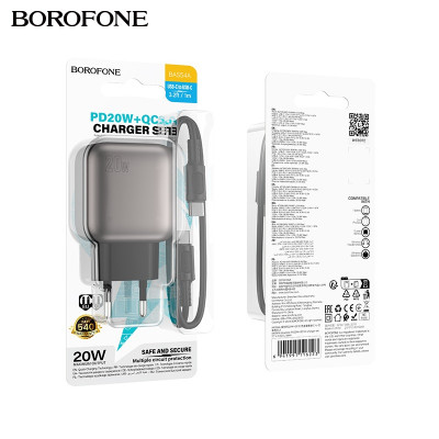 АКЦИЯ! СЗУ-USB-USB-C (Type-C)-Type-C BOROFONE BAS54A 1м, PD20W+QC3.0, Black. Продается упаковкой (в упаковке 5шт).