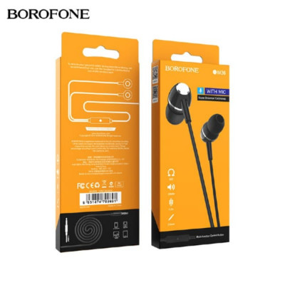 АКЦИЯ! Гарнитура вакуумная BOROFONE BM36, Black. Продается упаковкой (в упаковке 10шт).  Длина кабеля:1.2м. Микрофон: пульт с микрофоном.