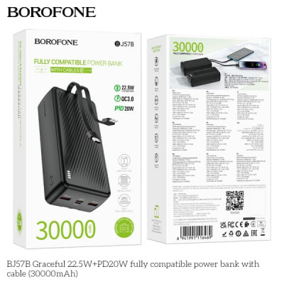 Внешний аккумулятор 30000 mAh Borofone BJ57B 111Wh. Номинальная емкость: 16500mAh. Вход: Type-C/Micro-USB: 18W. Выход: USB-A 1/2: 22.5W; кабель Type-C/Type-C: 20W; кабель Lightning: 5V/2.4A. Индикатор уровня заряда батареи.