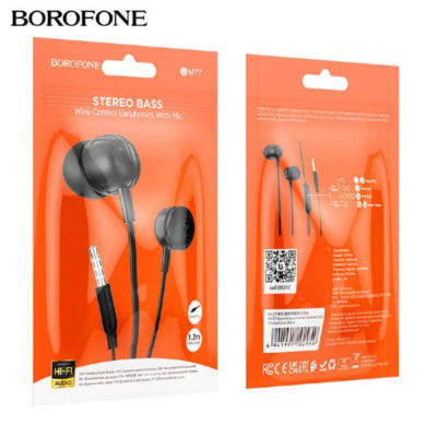 АКЦИЯ!!! Гарнитура вакуумная BOROFONE BM77 Black пластик, микрофон, кнопка ответа, 1.2 м. Продается КРАТНО 30шт!!!