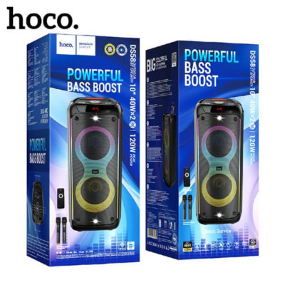 Активная напольная колонка HOCO DS58 Heritage с 2мя беспроводными микрофонами, RGB-подсветкой. Мощность 80Вт (2 динамика по 10 дюймов). Bluetooth: v5.0. Емкость аккумулятора: 7000 мАч/12 В. Время зарядки: 3.5 часов. Автономность: до 3 часов непрерывного в