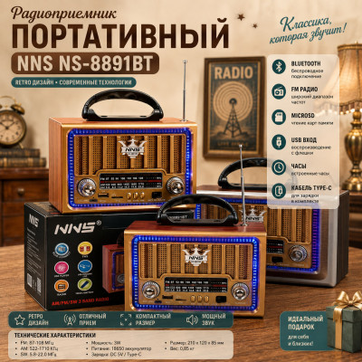 Радиоприемник портативный NNS NS-8891BT (Bluetooth, FM, microSD, USB, часы, кабель Type-C)