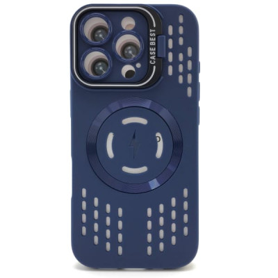 Чехол MagSafe iP 15 Pro силиконовый с подставкой, перфорация, цвет Blue