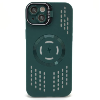 Чехол MagSafe iP 15 Plus силиконовый с подставкой, перфорация, цвет Dark Green