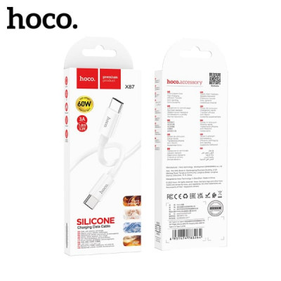 Кабель USB-C/USB-C HOCO X87 1м, 60W, 3A, силикон, White