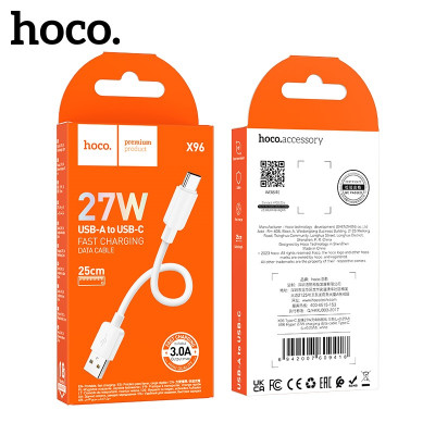 Кабель Type-C HOCO X96 0.25м, 3A, 27W, ПВХ, White. Вес: 10г.