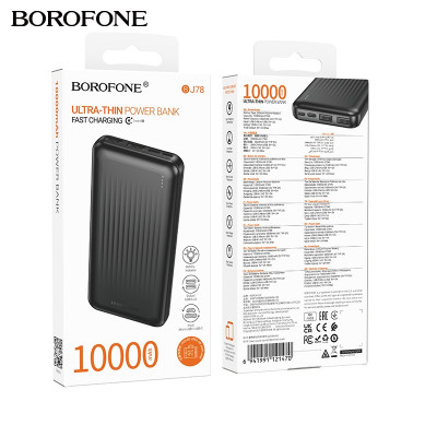 Внешний аккумулятор 10000 mAh Borofone BJ78 Black. Емкость: 10000mAh 37Wh. Номинальная емкость: 5500mAh. Вход: USB-C/Micro-USB: 5V/2A. Выход: USB-A1/A2: 5V/2A. LED индикатор уровня заряда батареи. Материал: ABS+PC. Размер: 146х68х17мм. Вес: 225г.