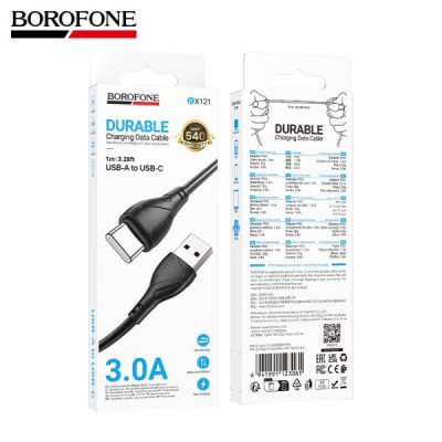 Кабель Type-C BOROFONE BX121 1м, 3A, ПВХ, Black.