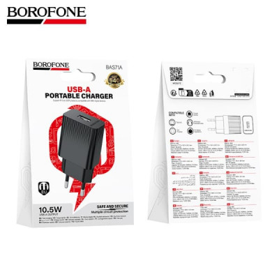 СЗУ-USB BOROFONE BAS71A 2.1A, 10,5W, Black
ABS-пластик. Выход USB-A: 5V/2.1A. Размер 77.5 х 38.5 х 24.5мм.