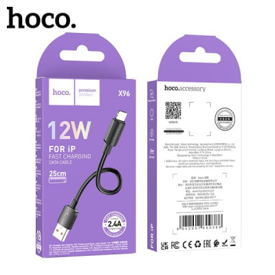 Кабель Lightning HOCO X96 0,25м, 2.4A, 12W, ПВХ, Black. Вес:10г.
