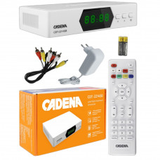 Цифровой ресивер эфирный CADENA CDT-2214SB Комплектация: пульт, батарейки ААА-2шт., блок питания, кабель RCA. Разъемы: антенный вход, usb-разъем, HDMI-вых., AV-выход.