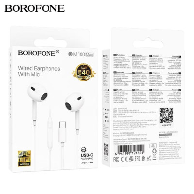 Наушники вкладыши BOROFONE BM100 Max, аудио разъем Type-C, с микрофоном,  White. Материал: ABS+TPE. Динамик: 14мм. Длина кабеля: 1.2м. Вес: 13г.