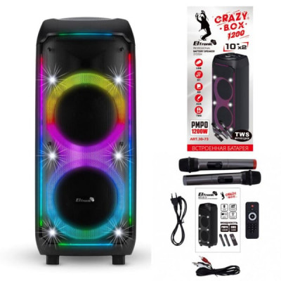 Активная напольная колонка CRAZY BOX ELTRONIC 1200 с TWS (30-73) динамик 2шт/10. Мощность: RMS - 120 Ватт, PMPO - 1200 Ватт. Встроенный аккумулятор 5400 mАh (до 5 часов работы). USB, SD, AUX, Jack 6.3 мм. LED подсветка. Комплектация: кабель питания, беспр