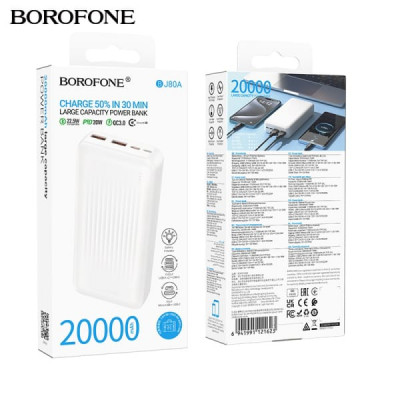 Внешний аккумулятор 20000 mAh Borofone BJ80A 22.5W+PD20W White
Емкость: 20000mAh 74Wh. Номинальная емкость: 11000mAh. Вход: USB-C/Micro-USB: 18W. Выход: USB-A1/A2: 22.5W, USB-C: 20W. Общий: 5V/2A. LED индикатор уровня заряда батареи. Размер: 146х69х29мм. 