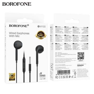 Гарнитура вкладыши BOROFONE BM100 Black с микрофоном. Материал: ABS+TPE. Динамик:14мм. Длина: 1.2 м. Вес: 13г.