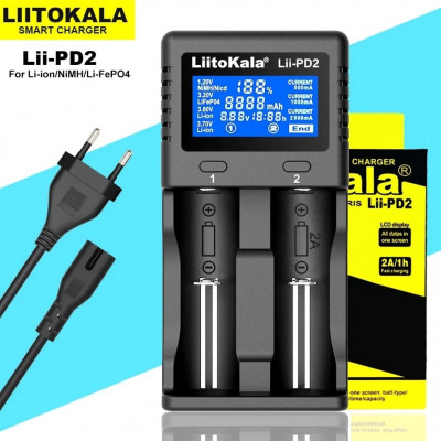 СЗУ для аккумуляторных батарей 2 слота LiitoKala Lii-PD2 быстрая зарядка до 2А/1ч. AC 110-240V 50/60Hz. DC 12V/1A. Lithium 2000 ma x1/ 1000ma x2/ 500 ma x2. NiMH/Cd 500 ma x2. Выходная 1.48V/4.20V/3.65V/4.35V. Размер:140х70х38мм. Вес 142г