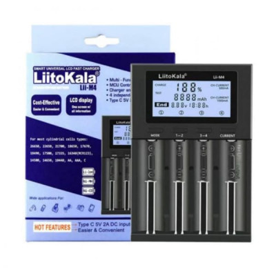 СЗУ для аккумуляторных батарей 4 слота LiitoKala Lii-M4. Вход DC Type-C 5V/2A. Выход Li-Ion 4.20V 500 mahх4/1000 mahх2, NI-MH/MI-CD 1.48V 500maх4. (NI-MH/MI-CD/AA, AAA, A, C, Li-Ion/IMR/LifeP04:26650, 22650, 21700, 18650, 18490, 17670, 17500, 16340, 14650