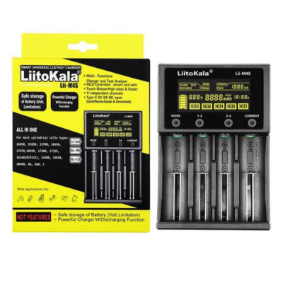 СЗУ для аккумуляторных батарей 4 слота LiitoKala Lii-M4S. Вход DC Type-C 5V/2A. Выход Li-Ion 4.20V 300 mahх4/500 mahх4/700x2/1000x2, NI-MH/CD 1.48V 500ma х4. (NI-MH/MI-CD/AA, AAA, A,, C, Li-Ion/IMR/LifeP04:26650, 22650, 21700, 18650, 18490, 17670, 17500, 