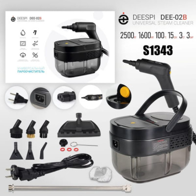Пароочиститель Deespi DEE-02B 1,6л/2500W. Материал: полипропилен. 220В/110В. Давление 3 бар. Температура пара 100 градусов. 3 уровня регулировки. Время разминки 15 секунд. Длина шнура питания 1,5м. Длина паровой трубы 2м. Размер 205х145х150мм.