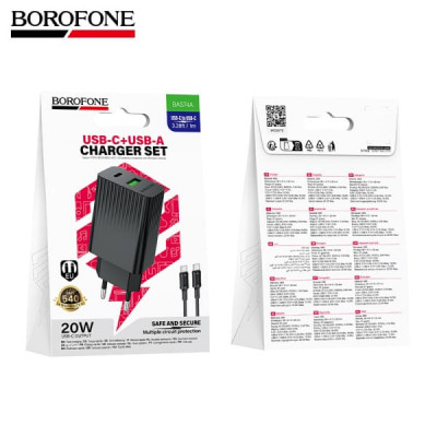 СЗУ-USB-USB-C (Type-C)-Type-C BOROFONE BAS74A 1м, PD20W+QC3.0 18W, Black