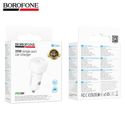 АЗУ-USB-C BOROFONE BZ34A Cloud PD20W, QC3.0A, White. Размер: 61.5х28х26мм. Вес: 16г.