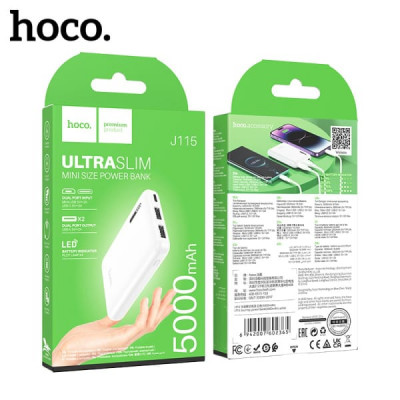 Внешний аккумулятор 5000 mAh HOCO J115 White. Портативное зарядное устройство имеет Micro USB, USB-C(вход) и 2 шт USB-A (выход).