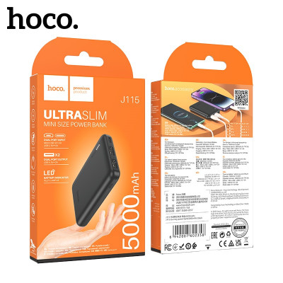 Внешний аккумулятор 5000 mAh HOCOJ115 Black. Портативное зарядное устройство имеет Micro USB, USB-C(вход) и 2 шт USB-A (выход).