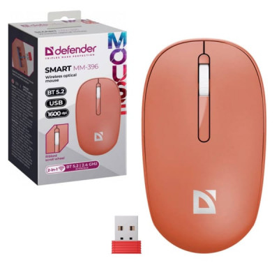 Беспроводная мышь DEFENDER Smart MM-396, 3к, 2.4G+B, кабель USB-Type-C для зардки встроенного акб 500мАч, 1600dpi, красный