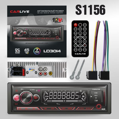 Автомагнитола 1DIN CarLive LD3014 LED.2USB.BT.TF.FM.ISO.7RGB.4RCA.12V. Поддержка MP3, WMA, ID3-Tag. RGB-подсветка 7 цветов. Макс. вых.мощность 4х45Вт. Поддерживает мобильные приложения. Пульт.