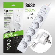 Сетевой фильтр LP LP1004 5роз 10м, 10А/2500W, с выкл., White, с выключателем питания, индикатором сети, корпус из негорючего пластика.