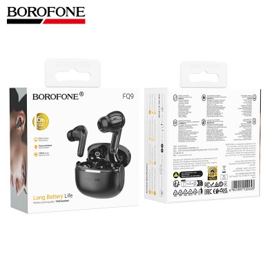 Гарнитура вакуумная Bluetooth Borofone FQ9 Black. BT 5.4. Емкость аккумулятора кейса 300mAh; наушников 35mAh. Время работы: 6 часов. Материал: ABS. Размер:  61х50х28мм. Ведущий-ведомый, голосовой помощник.