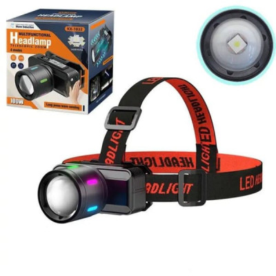Фонарь налобный Lightess KX-1832-3 (5 режимов (белый+желтый, синий), ZOOM, 100W, цифровой индикатор уровня заряда батареи, встроенный акб, кабель Type-C для зарядки)