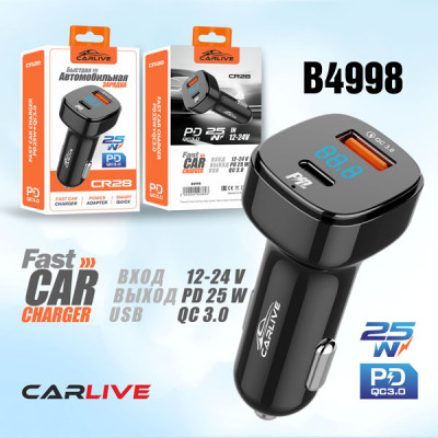 АЗУ USB-USB-C CARLIVE CR28 PD25W+QC3.0 Black, в коробке. Цифровой индикатор.