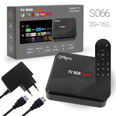Приставка TV BOX Android Q98pro 42G+16G Amlogic S905Y4. Wifi 5G/ MicroSD до 64Гб. LAN 100Mb. CPU 4 CORE. В комплекте: приставка, пульт, кабель HDMI, адаптер питания, инструкция.